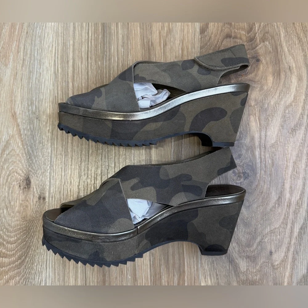 Pedro Garcia Camo Suede Platform Wedge Sandals Size 39